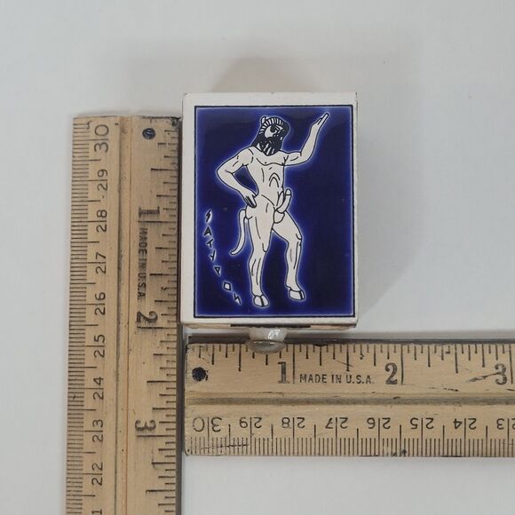 Vintage Satyr Matchbox Handmade in Greece Ceramic Top Drawer Holder Blue White - Picture 10 of 13